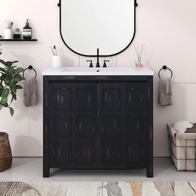 36 inch Freestanding Bath Vanity in Black with White Resin Top