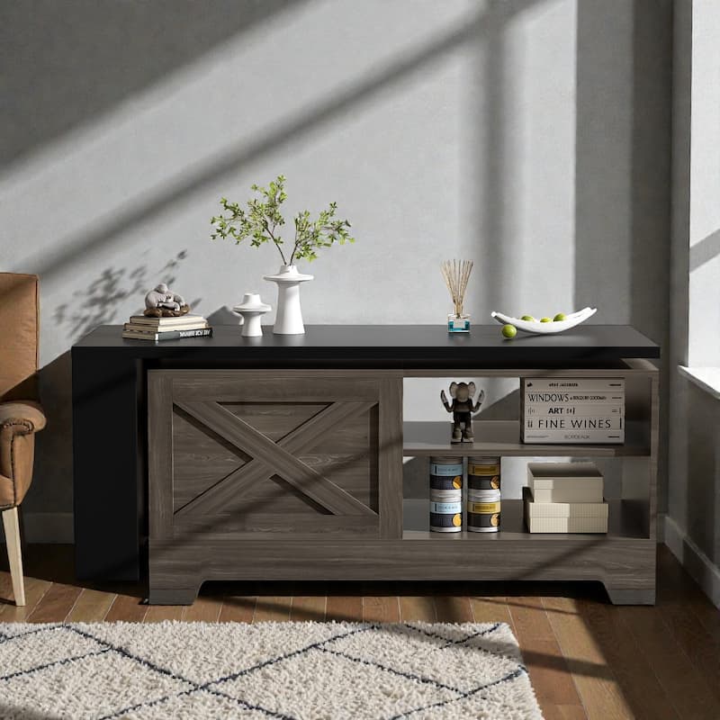 Farmhouse Lift Top Coffee Table with Barn Doors, Rotating Wood Center Table with Hidden Storage and Open Shelves