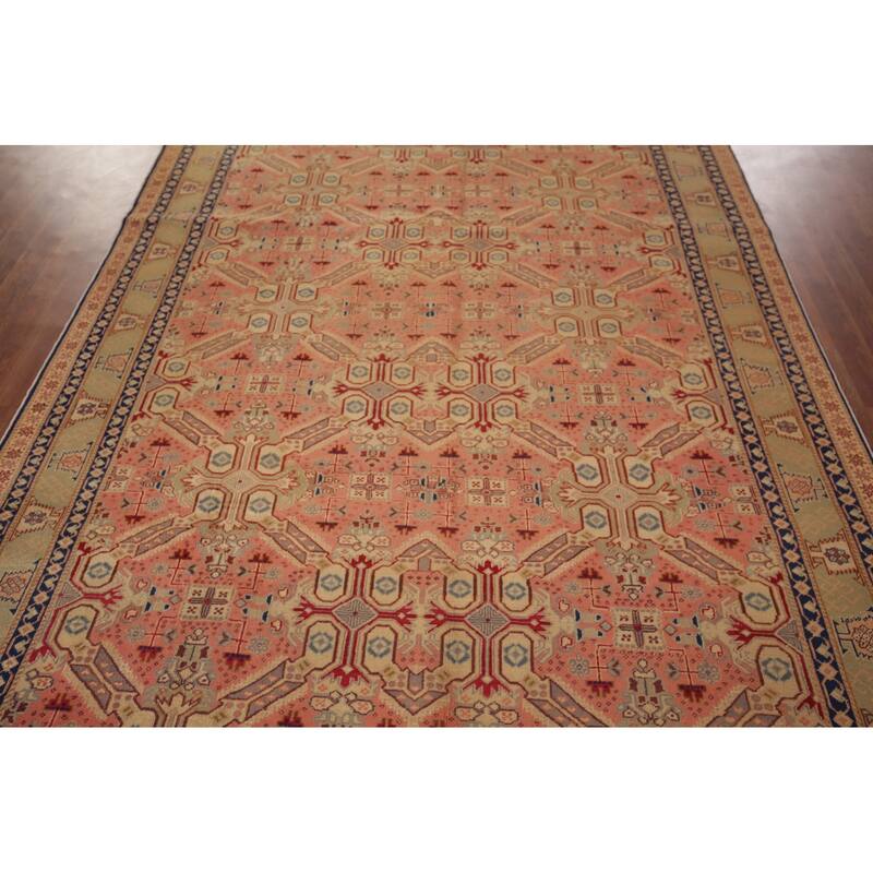 Pink Geometric Anatolian Turkish Vintage Area Rug Handmade Wool Carpet - 6'5" X 9'9"