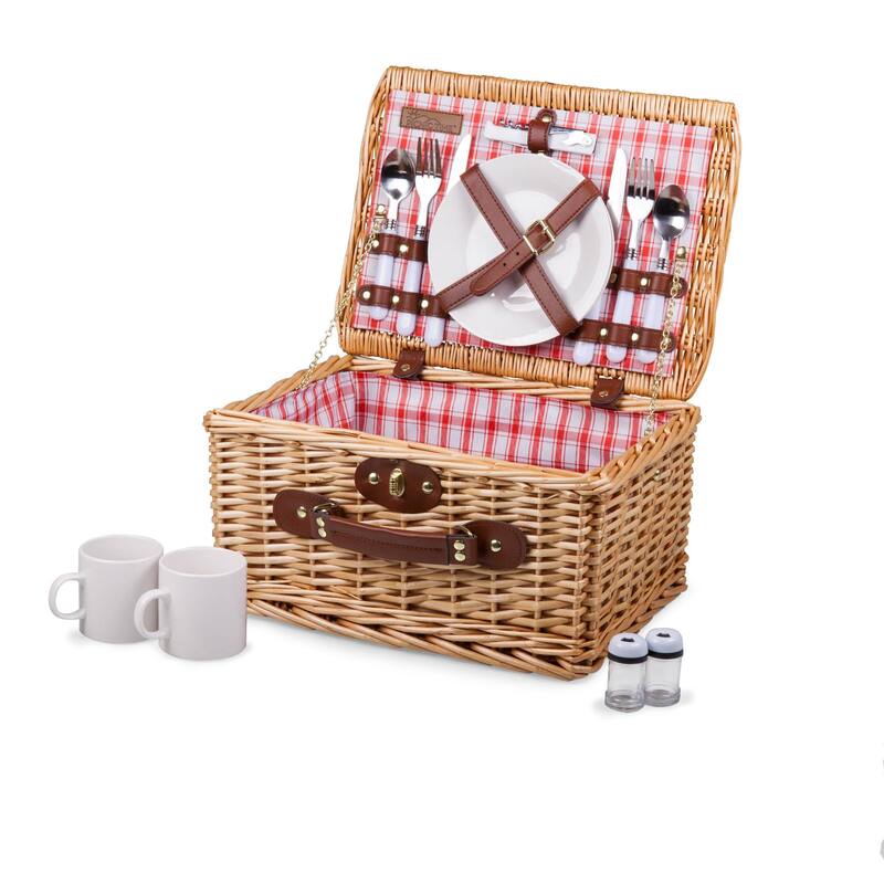 Wicker Picnic Basket with Picnic Set - Red & White Plaid Pattern