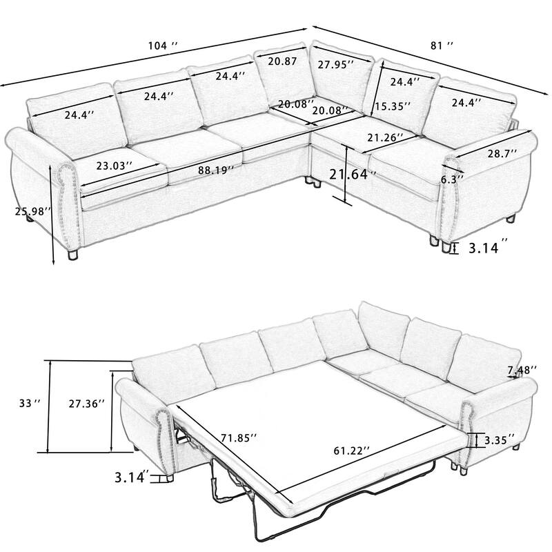 2 in 1 Pull Out 6 Seater L Shaped Sleeper Sectional Sofa Bed, 104" Brown