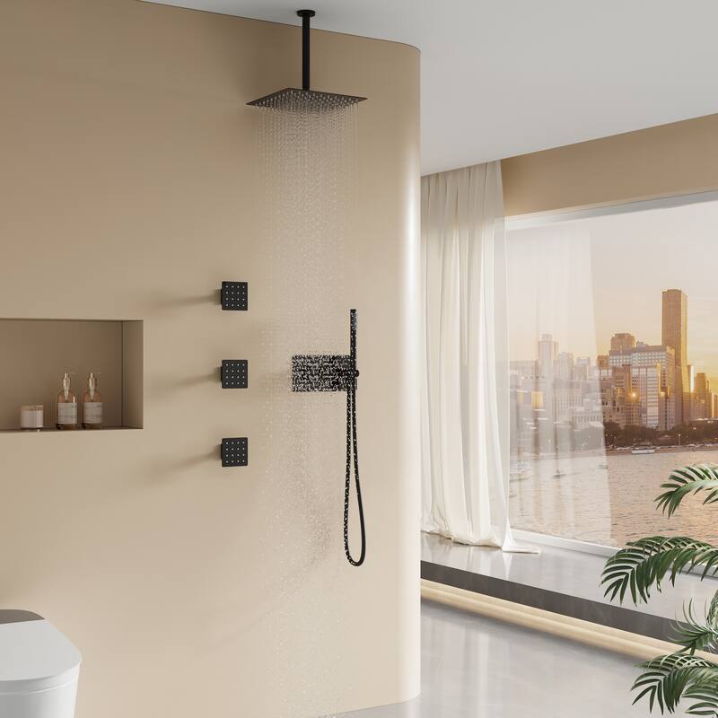 3-Function Ceiling-Mounted Shower System With 12" Ultra-Thin Square Shower Head,Body Jets And Hand Shower(Valve Included)