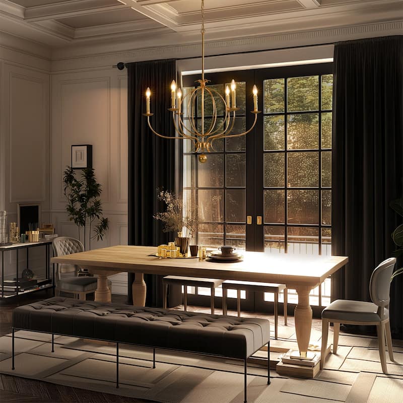 6-Light Mid-Century Modern Linear Sputnik Gold Leaf Chandelier for Living/Dining Room - 33.4 in. W x 37.8 in. H