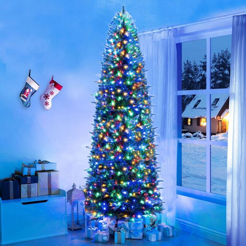 Artificial Prelit Fir Christmas Tree with Lights and Tips, Christmas Tree with Multi-Color LED Lights and Foot Pedal