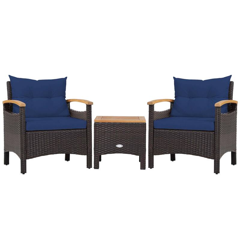 3PCS Patio Rattan Furniture Set Armrest Sofa Wooden Table Top - Navy