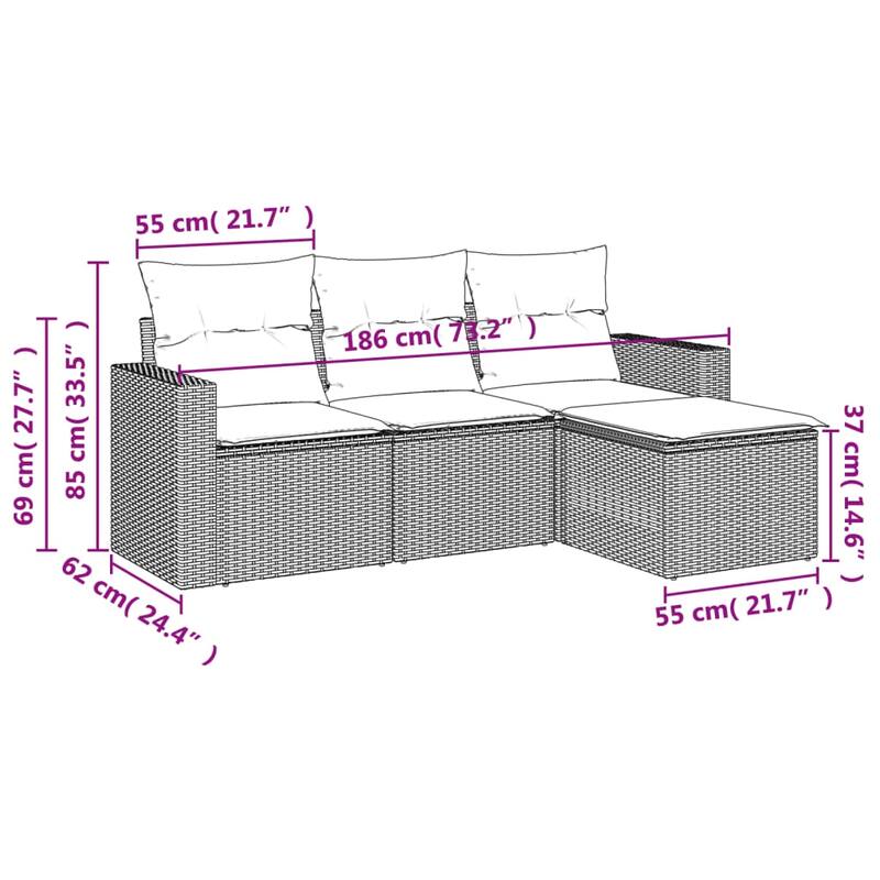 vidaXL Garden Sofa Set Black, Cream PE rattan 4 Piece Removable Covers - 21.7 x 21.7 x 14.6