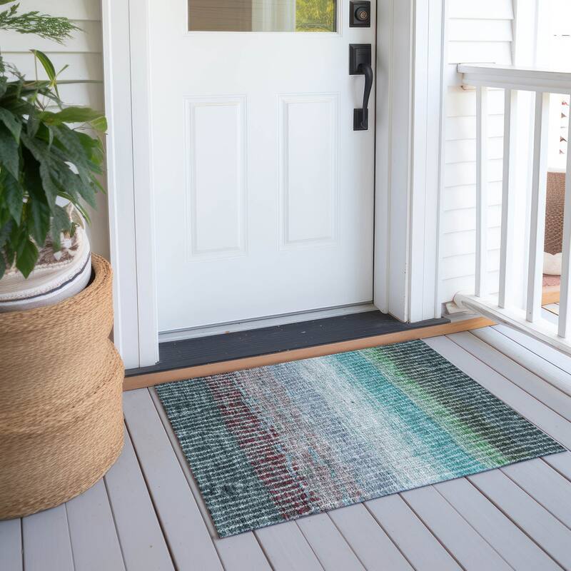 Machine Washable Indoor/ Outdoor Contemporary Stripes Chantille Rug - Teal - 1'8" x 2'6"