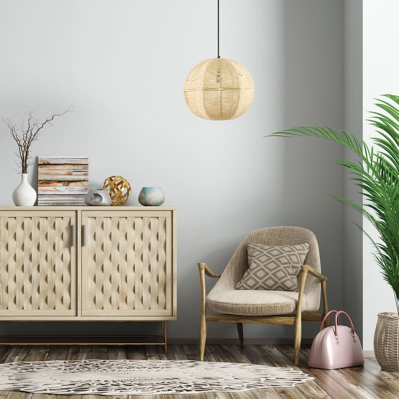 River of Goods Black and Ivory Jute and Metal 19-Inch Globe Pendant Light with Adjustable Hanging Cord - 19" x 19" x 73"