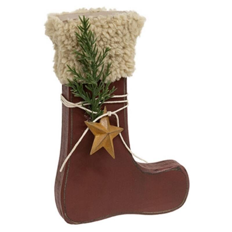 Distressed Primitive Red Wooden Stocking Sitter with Star - 4" x 1" x 6" - Brown-Cream