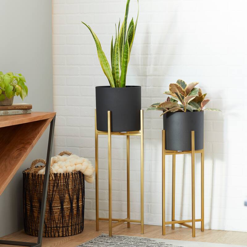Black Metal Indoor Outdoor Planter with Removable Gold Stand (Set of 2)