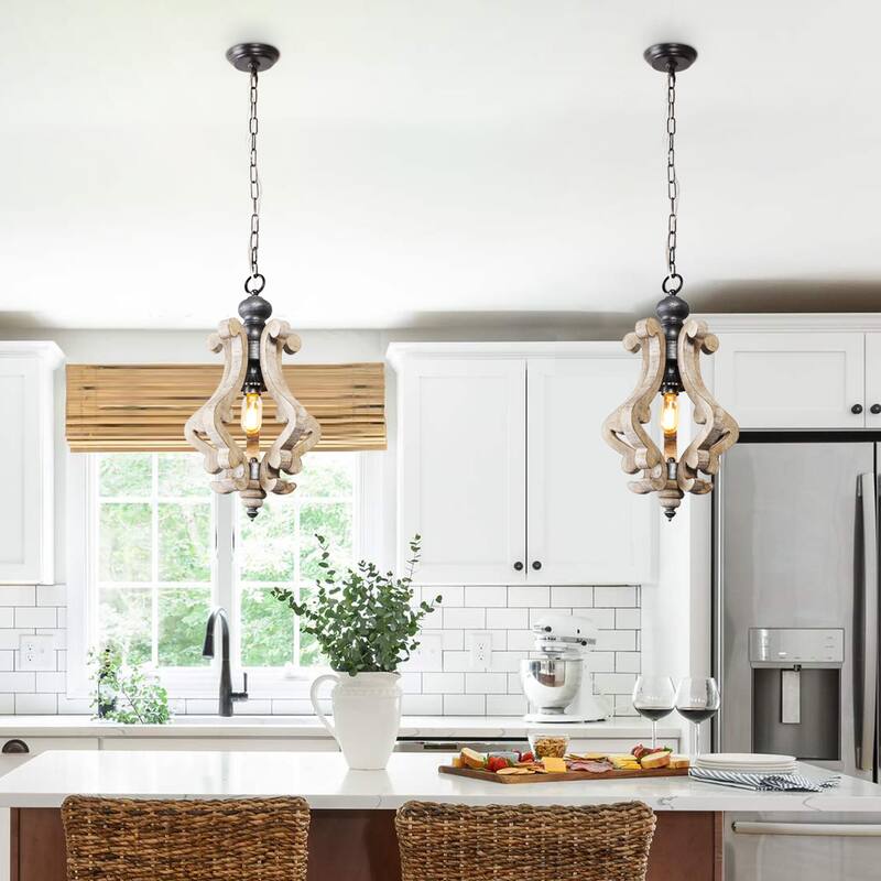 Cusp Barn Farmhouse Light Fixtures Chandelier 1-Light Rustic Wood Pendant Light with Adjustable Chain for Kitchen Island