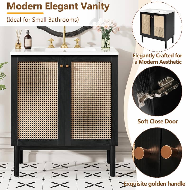 30" Bathroom Vanity with Handmade Rattan Doors - Natural Materials & Soft-Close Mechanisms