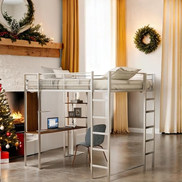 slide 2 of 16, Full Size Metal Loft Bed with 2 Shelves and one Desk,Space-Saving Design Sturdy Metal Loft Bed,White White