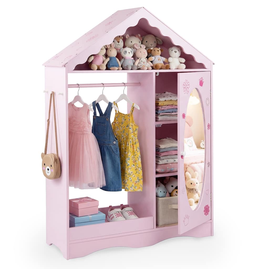 Gymax Kids Dress Up Storage w/ Mirror Roofed Wardrobe Closet w/ Open
