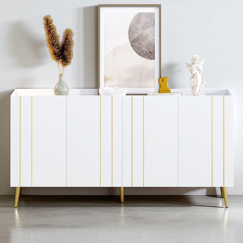 Luxurious Shoe Cabinet & 70" TV Stand, Minimalist Sideboard with Gold-Line Doors, 4 Adjustable Shelves, 62.9" W - White