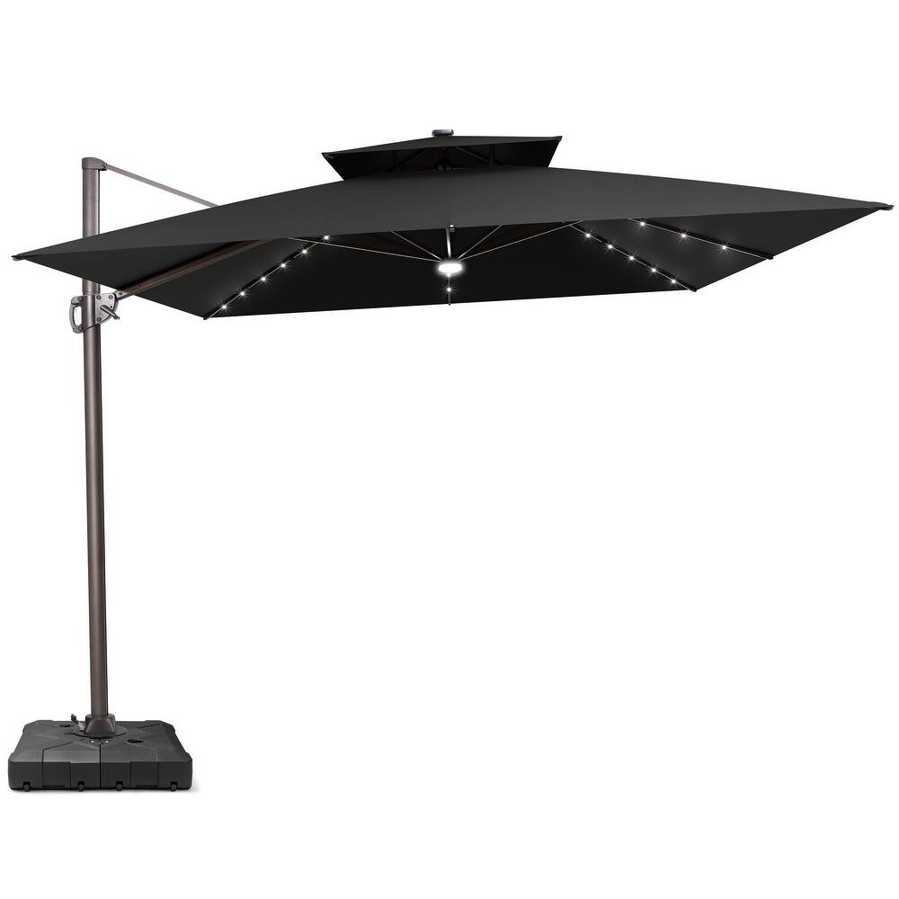 11 ft Solar Powered LED Aluminum Patio Cantilever Umbrella 360-degree Rotation with Weights Base