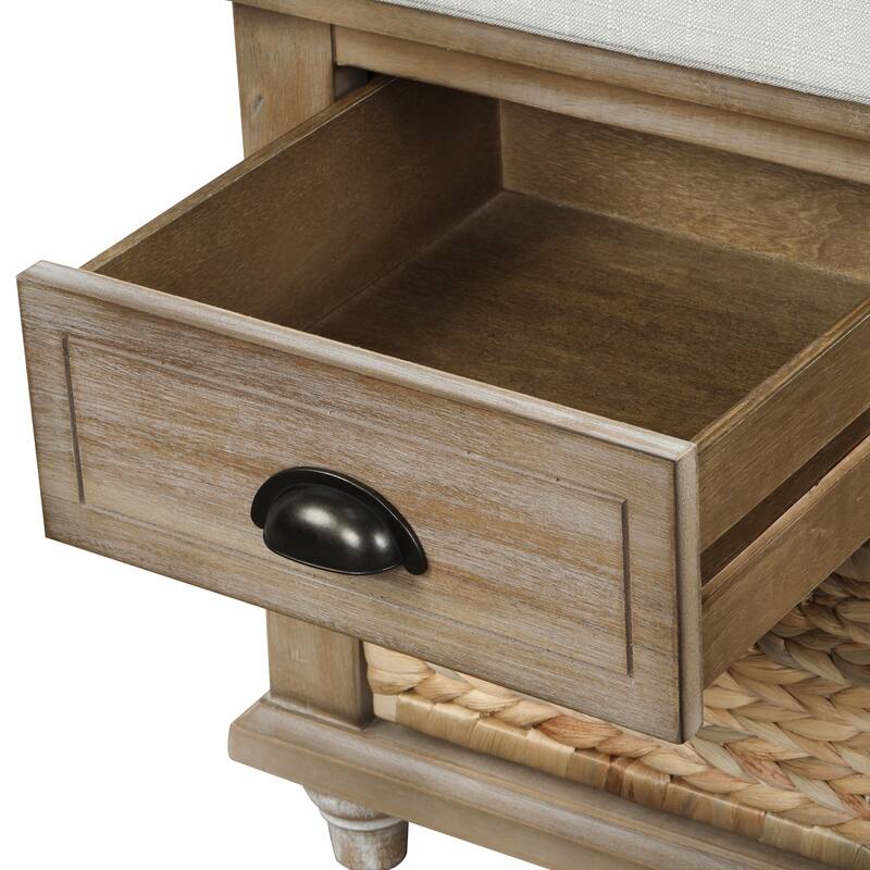 Storage Bench with Drawers and Rattan Baskets Entryway Shoe Bench