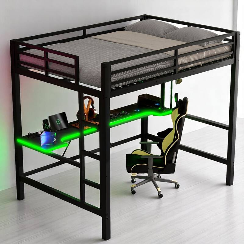 Twin/Full Size Gaming Metal Loft Bed with Desk, Remote LED Light & USB Charging Station - Space-Saving Frame