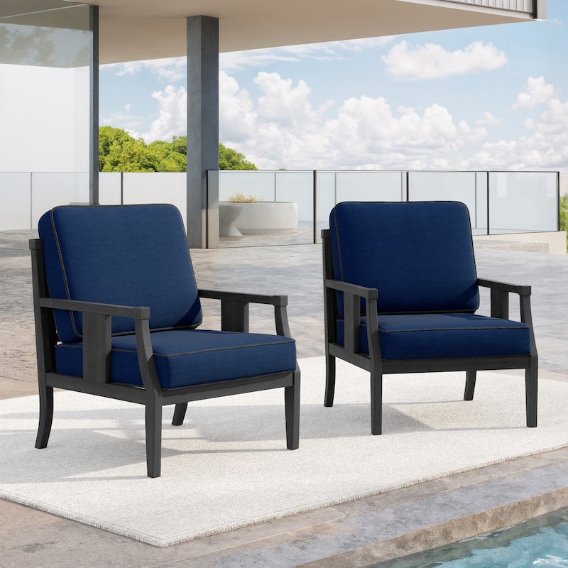 Set of 2 Outdoor Teak Wood Armchairs with Cushions, Patio Club Chairs - Dark Wood - Navy