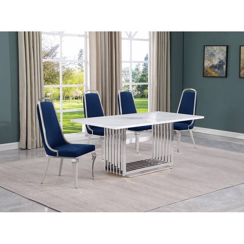 Best Quality Furniture D310/1-SC310-7 Dining Set with 68" White Marble Top - 5-Piece - Navy Blue / Silver