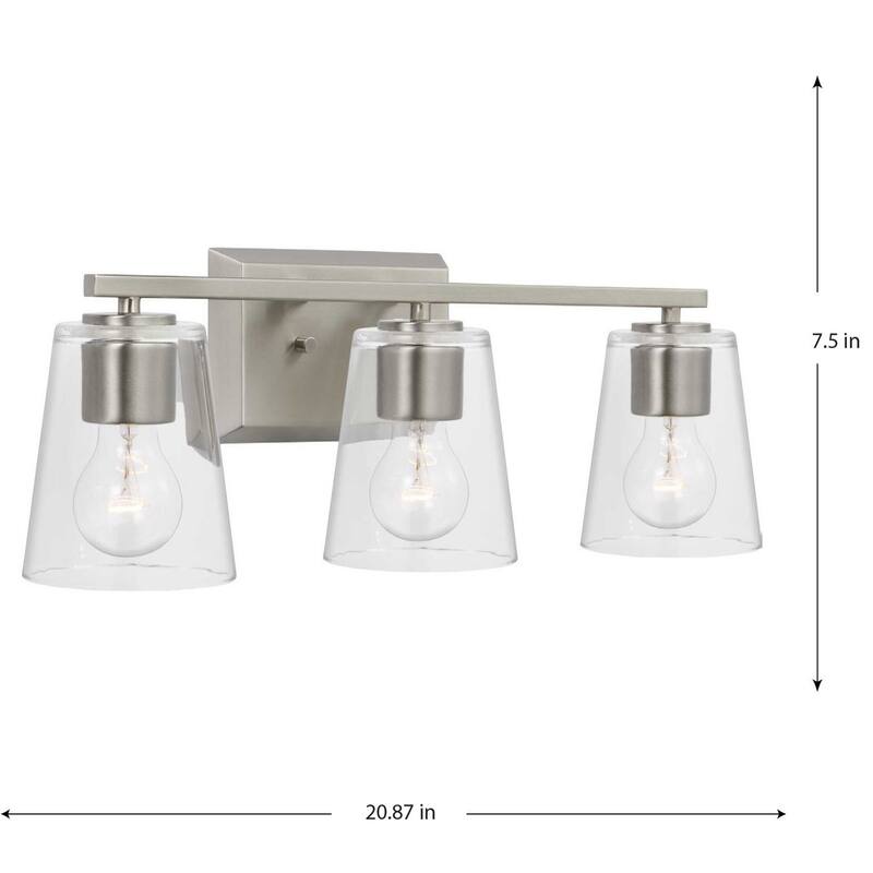 Vertex Collection Three-Light Brushed Nickel Clear Glass Contemporary Bath Light - 20.87 in x 6.25 in x 7.5 in