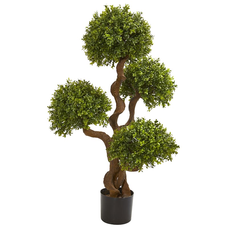 3.5 Feet Faux Boxwood Topiary Tree with Dense Green Leaves and Decorative Planter for Home Garden - 21"W x 16"D x 42"H - Green