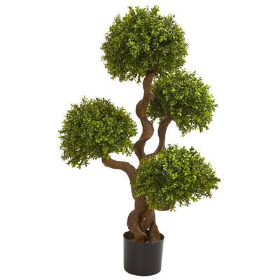 3.5 Feet Faux Boxwood Topiary Tree with Dense Green Leaves and Decorative Planter for Home Garden - 21"W x 16"D x 42"H