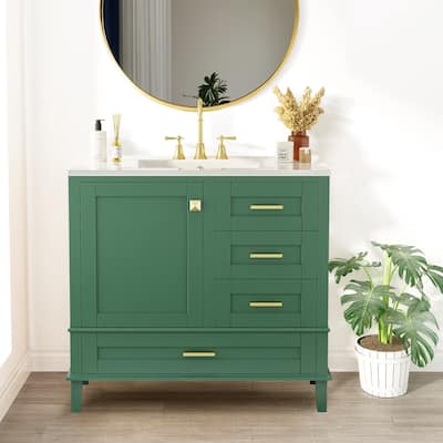 36" Bathroom Vanity with Ceramic Sink,Solid Pine Frame
