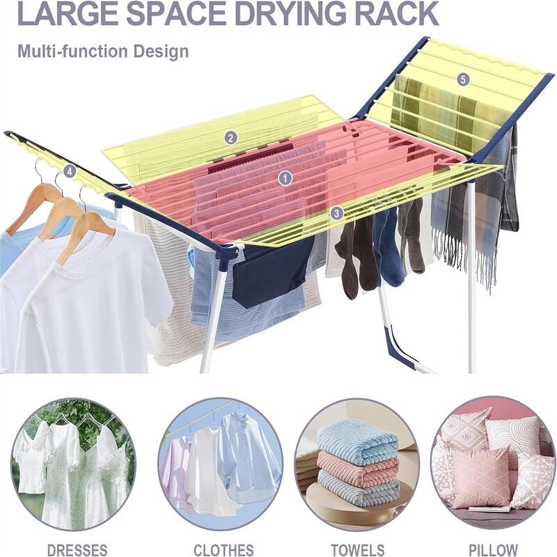 Clothes Drying Rack, Foldable Laundry Rack with Sock Clips - 34.64"D x 65.74"W x 42.12"H