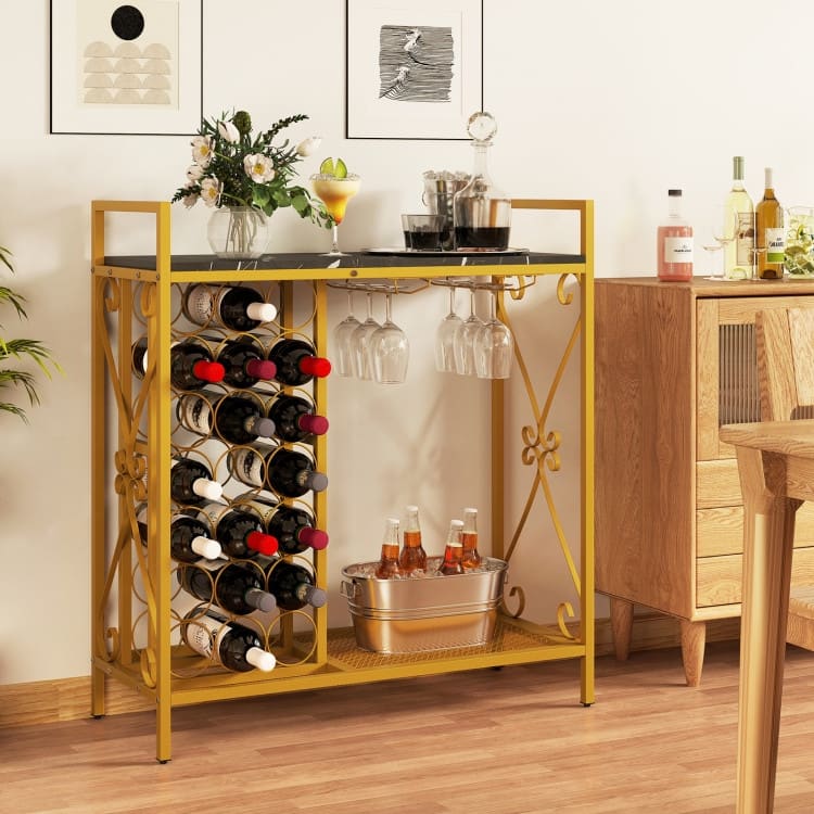 21 Bottle Wine Rack Floor Stand with Glass Holder and Storage Shelf