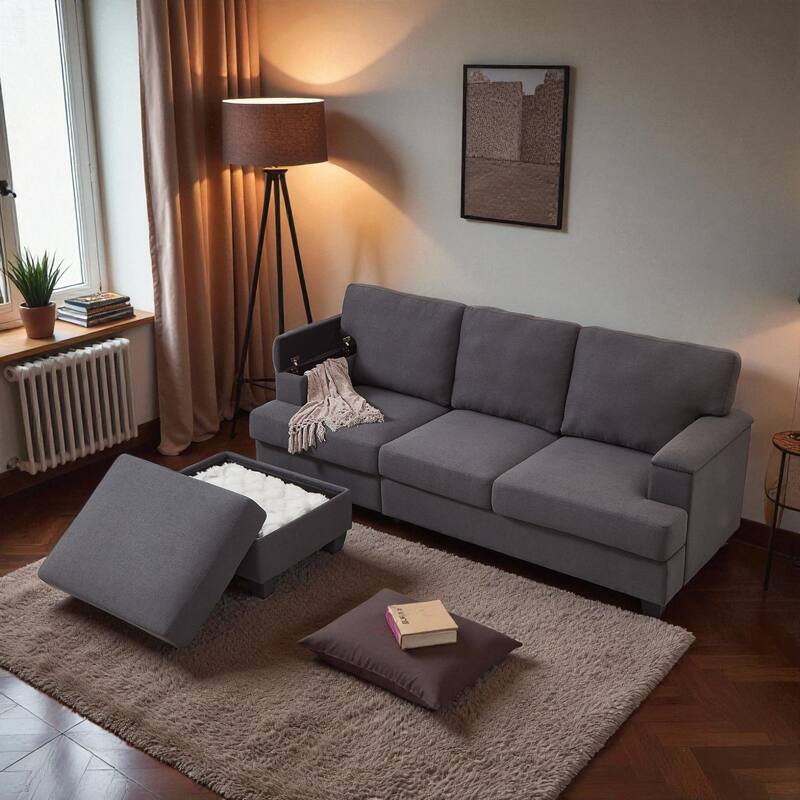 86" L-Shaped Sectional Sofa with Armrest Storage, Movable Ottoman, Thick Cushions, Linen Upholstery for Living Room