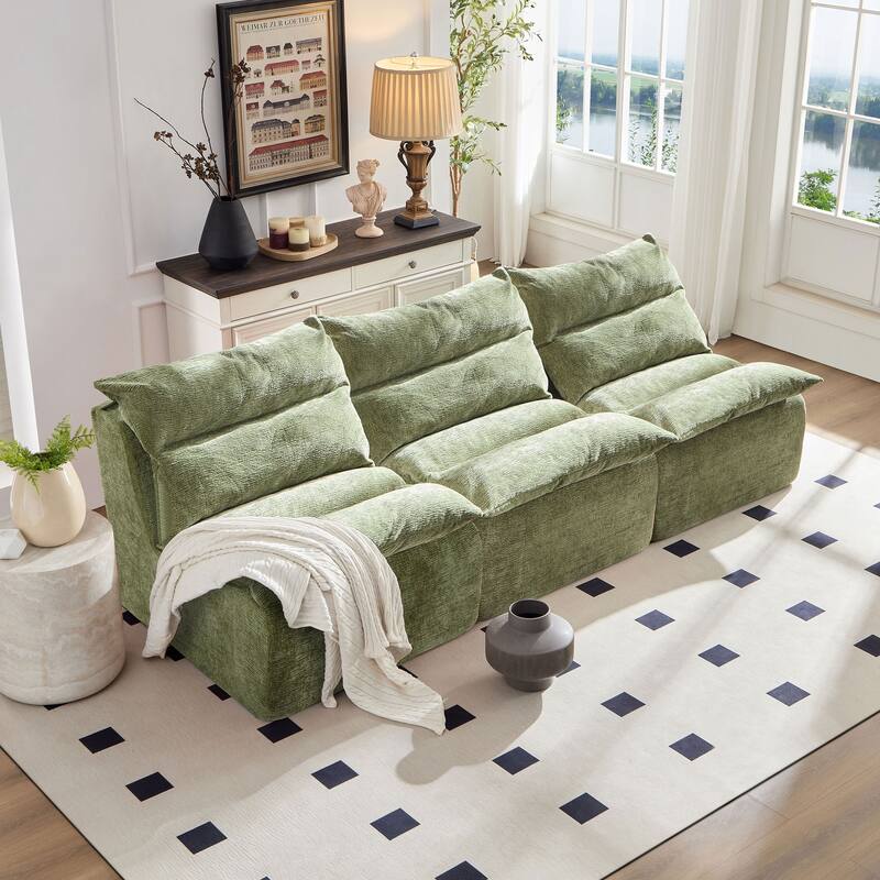 Modern 3-Seater Fully Compressible Modular Sofa, Armless Lounge Sofa with Removable Cover, Upholstered Couch for Living Room - Green