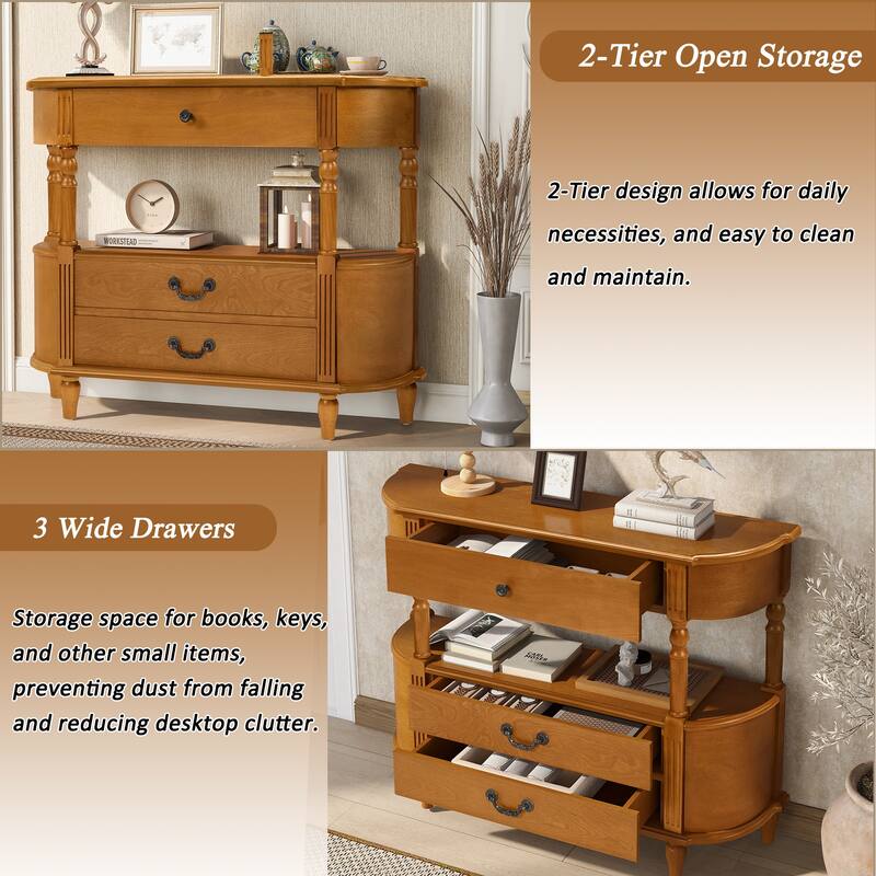 43"Retro Curved Wood Console Table with 3 Drawers and Storage Shelf