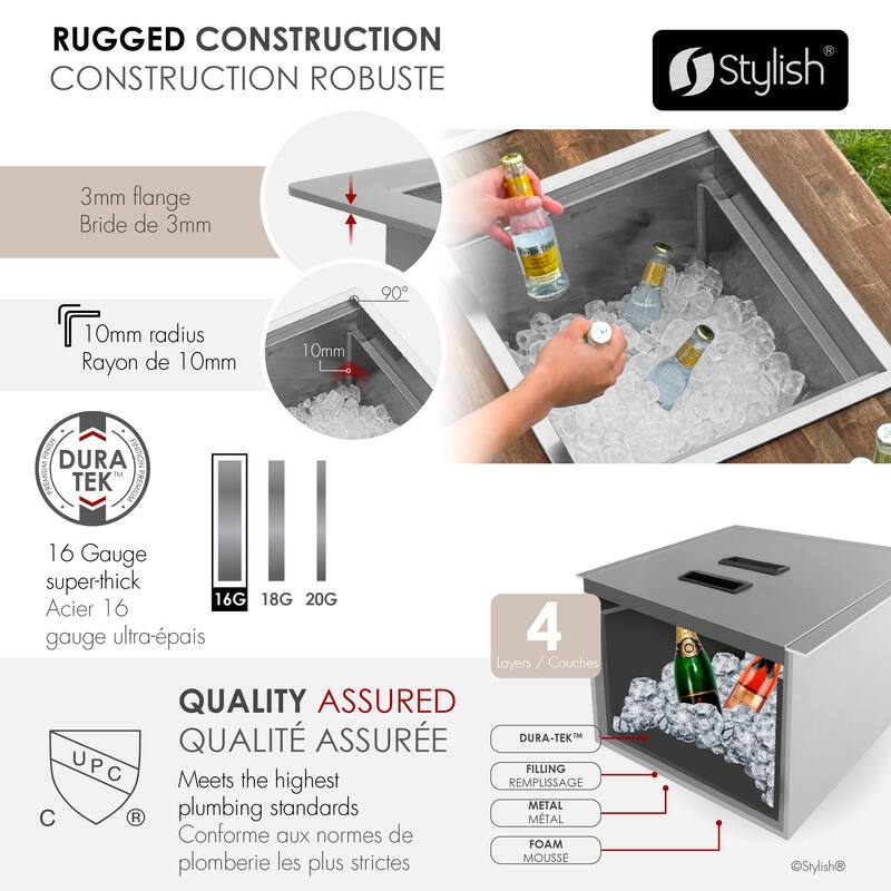 20" Dual-Mount Stainless Steel Insulated Ice Chest Workstation Sink with Dura-Tek Handmade