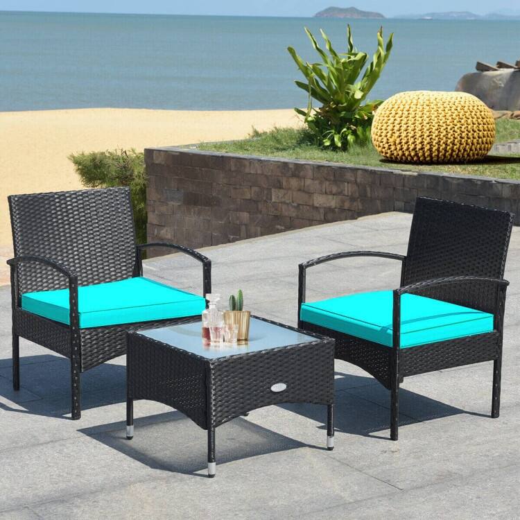 3 Pieces Patio Wicker Rattan Furniture Set with Cushion for Lawn Backyard - 19.5" x 19.5" x 15" (L x W x H) - Turquoise