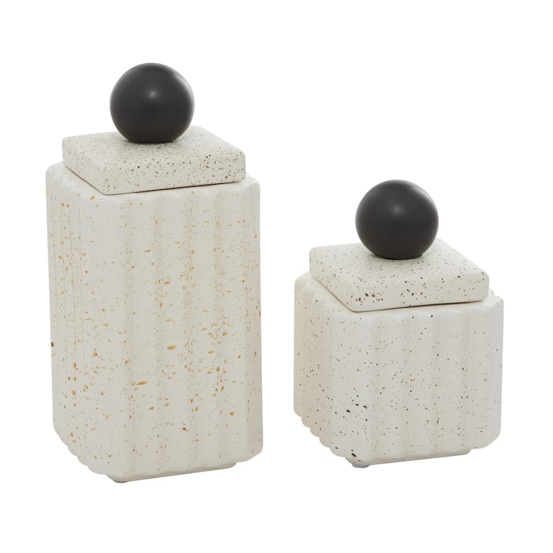 Ceramic Decorative Jars with Black Finial - Set of 2 White - Roche River Decor - 4"W x 4"L x 10"H