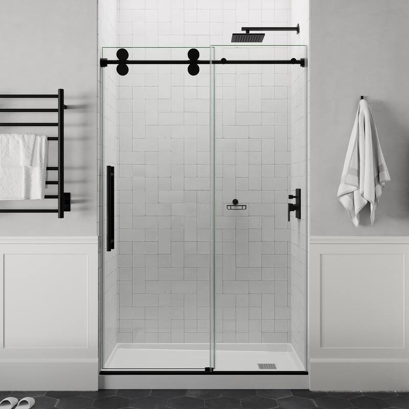 ANZZI Series 56 to 60 in. x 76 in. Frameless Shower Door with Sliding with Tsunami Guard Tempered Clear Glass - Matte black