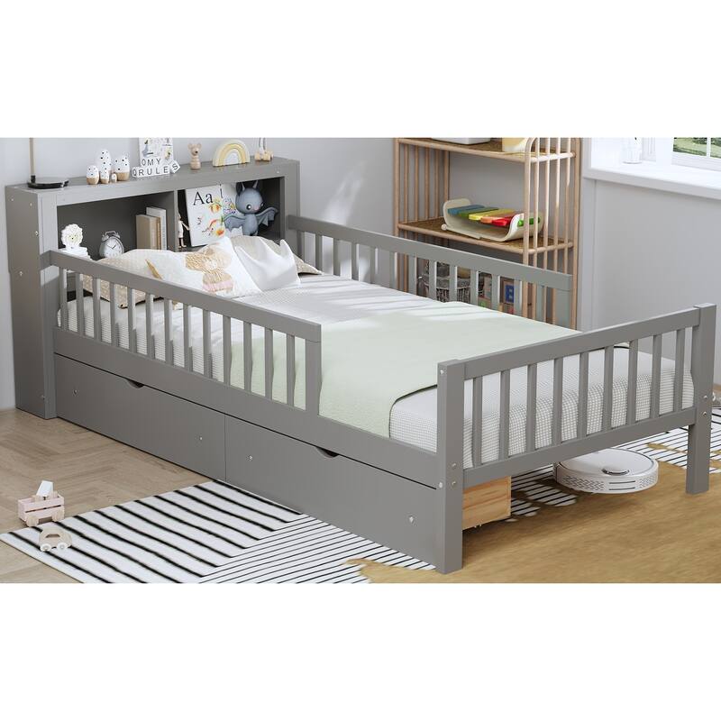 Bed with Headboard Storage Rack, Two Under-Bed Drawers, Three-Side Guardrails for Safety and Security