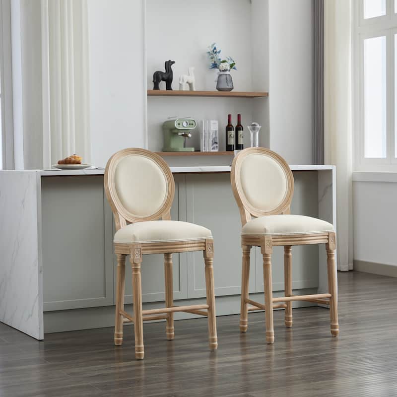 Classic French Country Solid Wood Bar Chairs Set of 2, with Upholstered Seat and Sponge Backrest