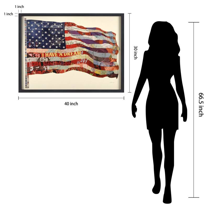 "American Flag" Alex Zeng's dimensional collage, under glass & a black shadow box frame