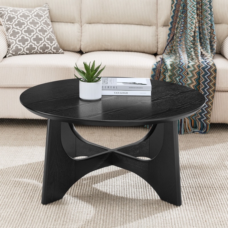 Round Wood Table, Modern Minimalist Side Table and Coffee Table for Living Room, Black