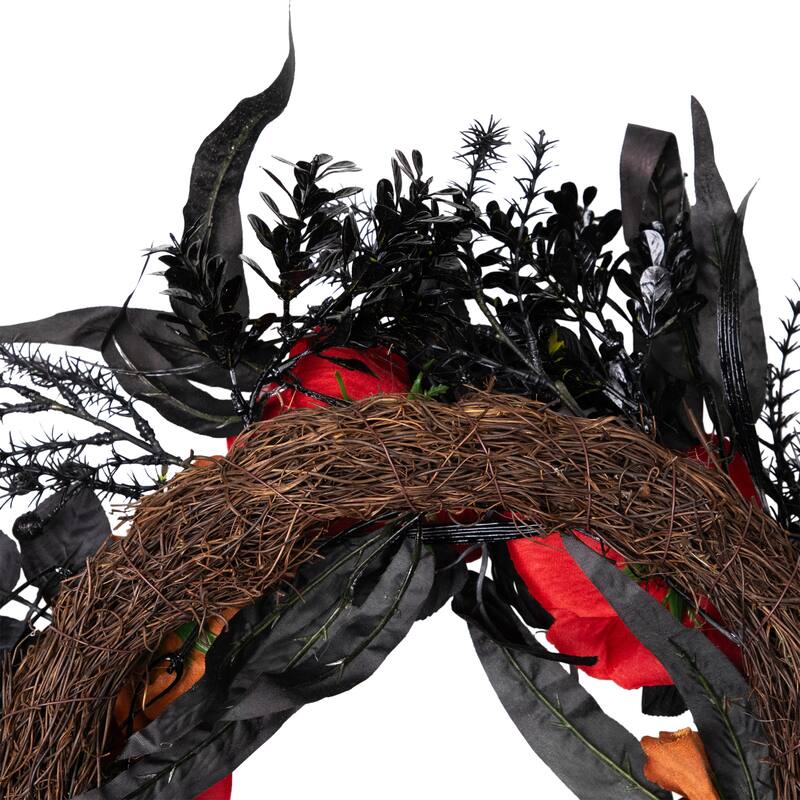 Roses with Mixed Foliage Halloween Wreath - 22" - Red and Gold - Unlit