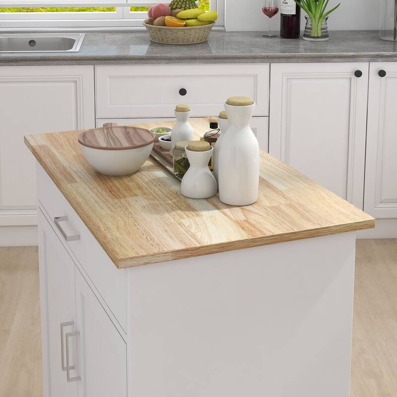 Mobile Kitchen Cart with Rubber Wood Tabletop, Adjustable Storage, and Towel & Seasoning Racks