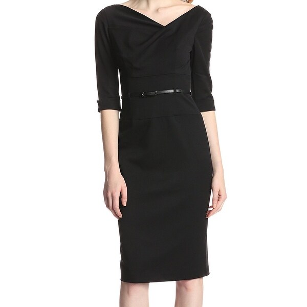 black halo belted sheath dress