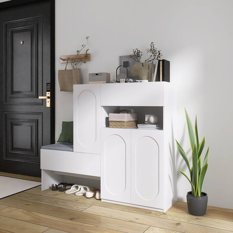 Elegant 2-in-1 Shoe Cabinets with Soft Cushion, Modern Storage Bench with Rebound Devices & Adjustable Shelves