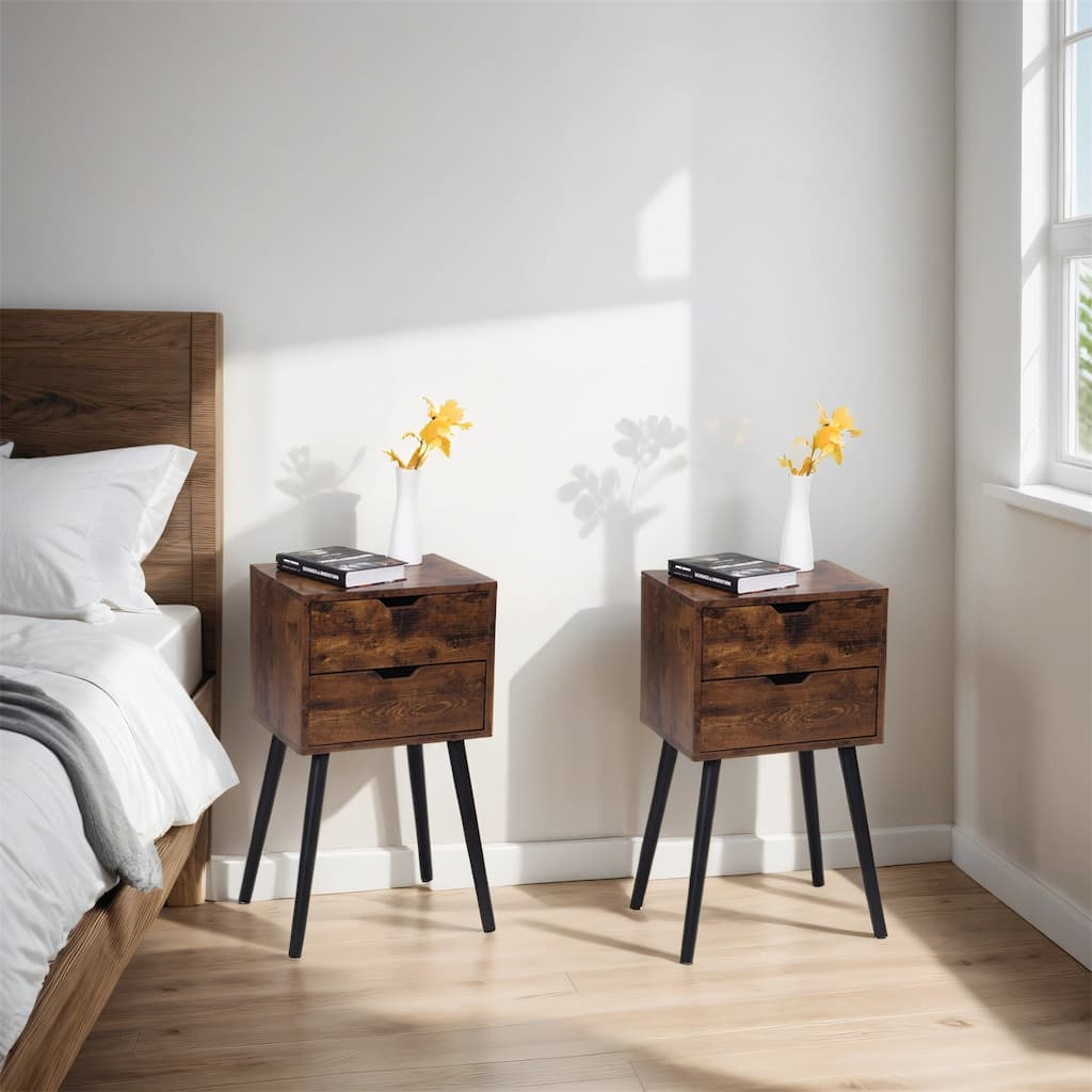Nightstand w/ 2 Drawers, Bedside Tables w/ Solid Wood Legs and Storage