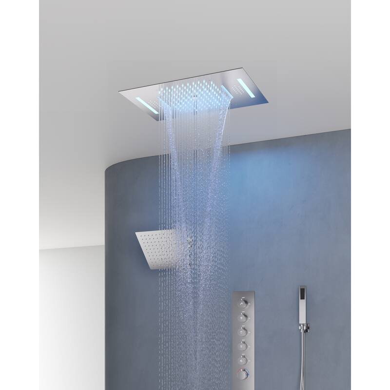 Dual Shower Heads System with 3 Spray Modes 22"*15" Ceiling and 6" Wall Mount Body Jets Handheld Spray LED Music