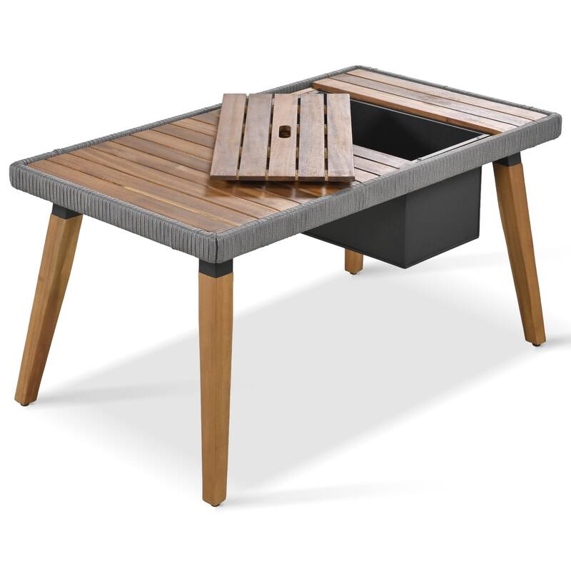 6 Pcs Patio Furniture Set, All-Weather Conversation Sets with Cushions Armchairs, Acacia Wood Bar Table and Ice Bucket