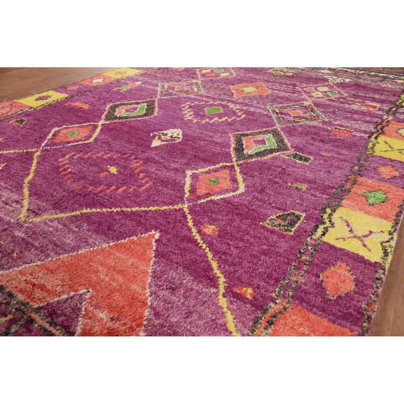 Purple Moroccan Oriental Area Rug Handmade Geometric Wool Carpet - 8'6" x 12'7"