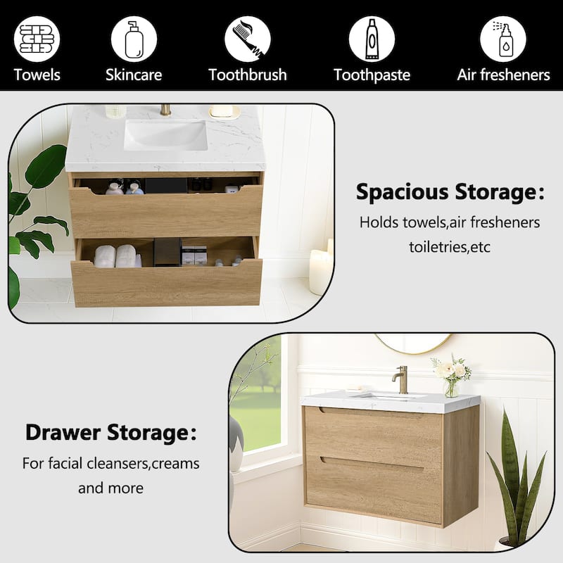 24"36"48"60"72"84" Floating Bathroom Vanity with Engineered Top Rectangulare Sink Solid Wood